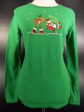 Warm Women's Small Christmas Theme Santa Clause  Reindeer Green LS Shirt