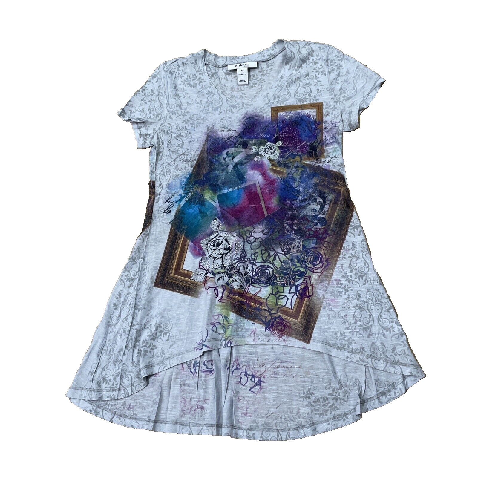 STYLE&CO Petites Top Women PP Y2K Fairycore Graphic Bejewel Colorful Pleated 30"