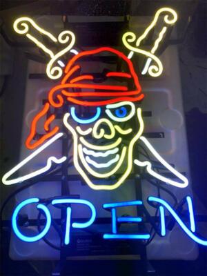 New Pirate Open Skull 20''x16'' Neon Light Sign Lamp Beer Bar Open Windows Glass