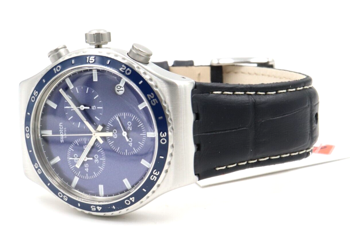 New Swiss Swatch New IRONY CHRONO COBALT LAGOON Leather Date Watch