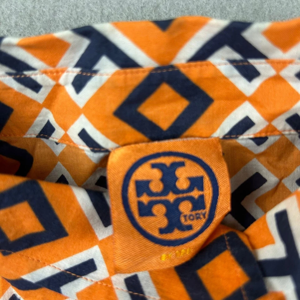 Tory Burch Shirt Womens Medium Orange Geometric Cotton Long Sleeves Button Up * - Image 2 of 4