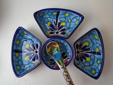 Pottery Lazy Susan Snack Relish Dip Dish Set blue yellow red Green 5pc