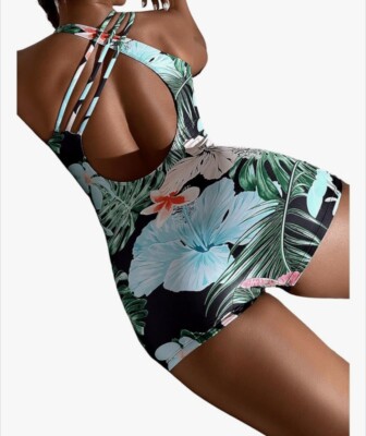 New Tropical Flower One Piece Romper Swimsuit Zip Up Sz L