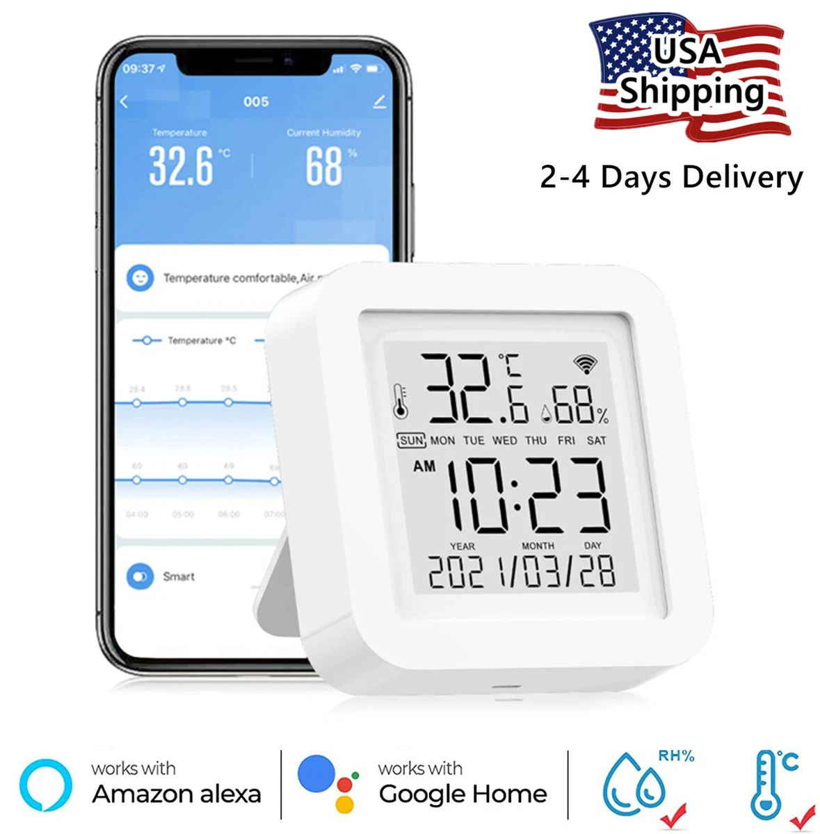 Smart Thermometer Hygrometer WiFi Temperature Humidity Sensor for Alexa  Google ~