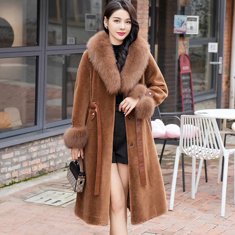 Real Fox Fur Sheep Shearing Coat Fleece Women's Long Pure Wool Fur