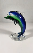 VINTAGE MURANO STYLE BLUE GREEN & CLEAR DOLPHIN ART GLASS PAPERWEIGHT 5 IN. TALL