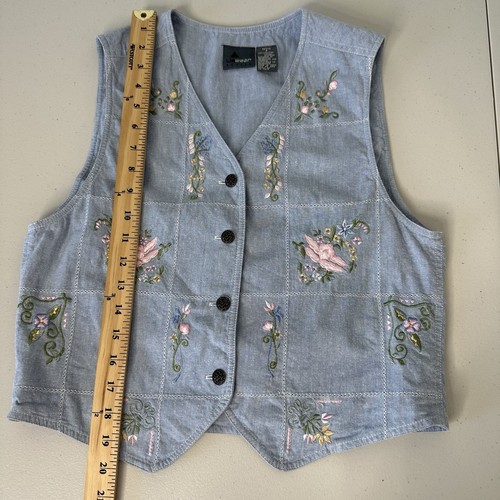 Vintage Liz Wear Vest Womens Small Chambray Blue Floral Embroidered Boho - Picture 7 of 11