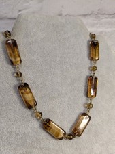 Vintage amber tone necklace glass bead oblong gold tone chain link 43+7cm