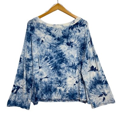 Lulu's Women's Top Medium Margaret Blue White Tie-Dye Scoop Neck Long Sleeve
