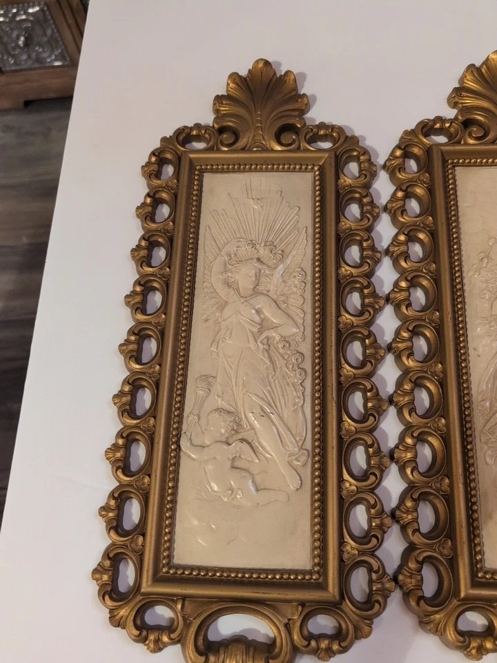 复古一对 Homco 飞镖塑料装饰墙板 新艺术运动 女士 带小天使 — 第 2/4 张图片