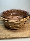 Vintage 2 Pc Purple Pyrex Casserole Dish with Wicker Basket Leather Handles 024