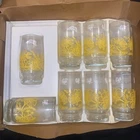 Set 8 Vtg Anchor Hocking GLASSES Yellow Daisy Flowers White Butterflies 12 Oz