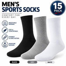 15 Pairs Men's Sport Socks Cushion Sole Black White Grey Cotton Rich Size 6-11