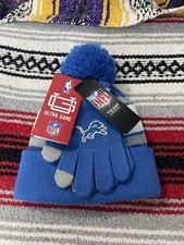 Detroit Lions NFL Winter Pom Beanie Gloves Set Blue Silver One Size Fits Most