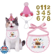PTDECOR Cat Birthday Party Supplies, Pink Hat with Numbers Cat Bandana Pet De