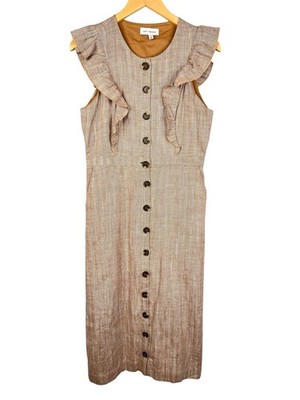LOST & WANDER Women's Brown Herringbone Ruffle Sleeveless Button Down Dress Med
