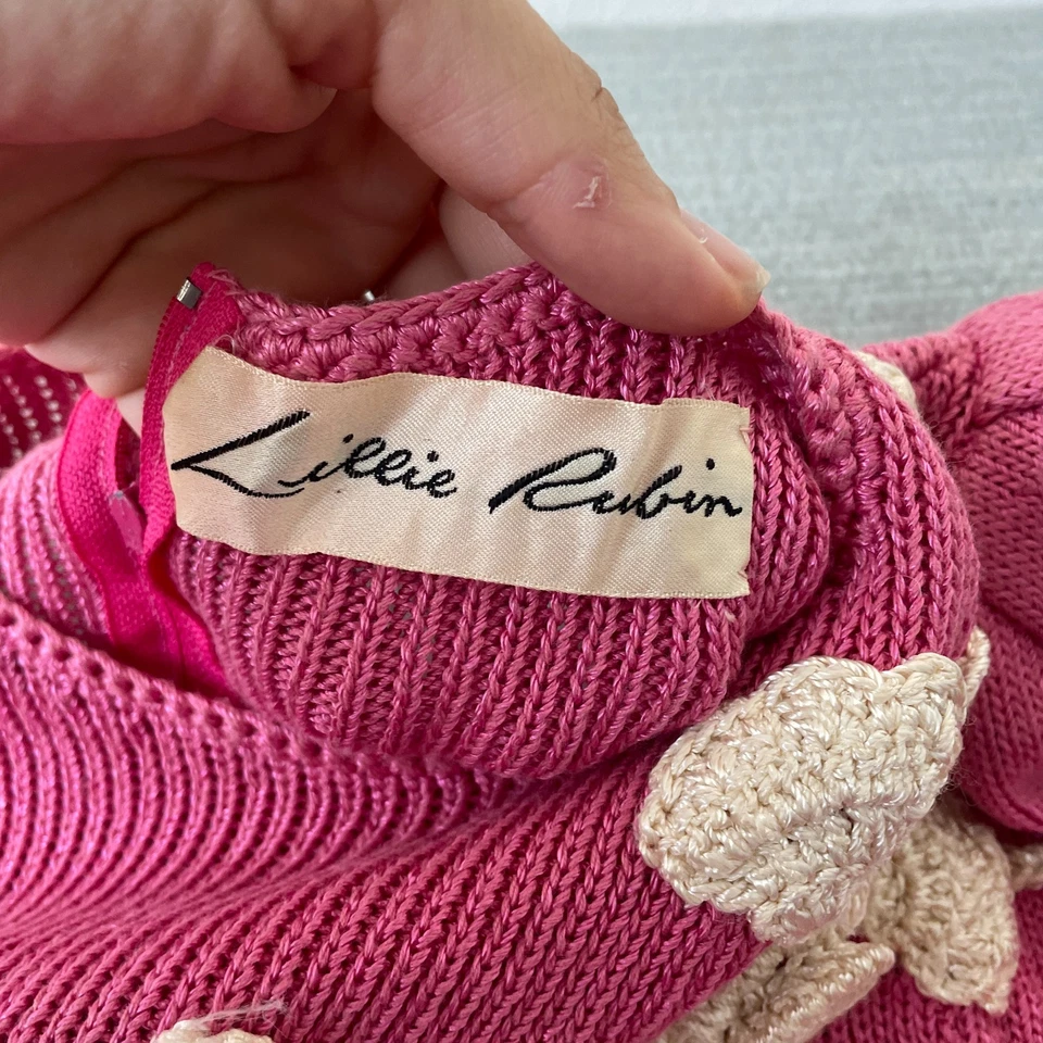 Vintage Lillie Rubin Dress Women 6 Pink Knit Sweater Midi Floral Crochet Puff 80 - Image 3 of 4