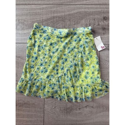 SO Lime Green Blue Floral Mesh Ruffle Mini Skirt Faux Wrap Size M