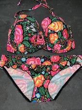 Ladies Black  Pink Floral Floozie Frost French Bikini Size 10 Bottoms 34F Top
