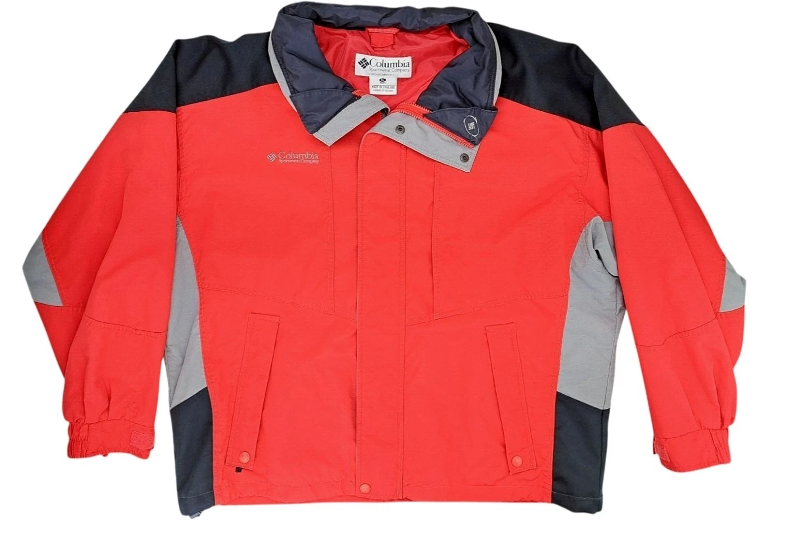 Vintage Columbia Men XL Red Black Gray Jacket Zip Snap Toggle Hem Windbreaker