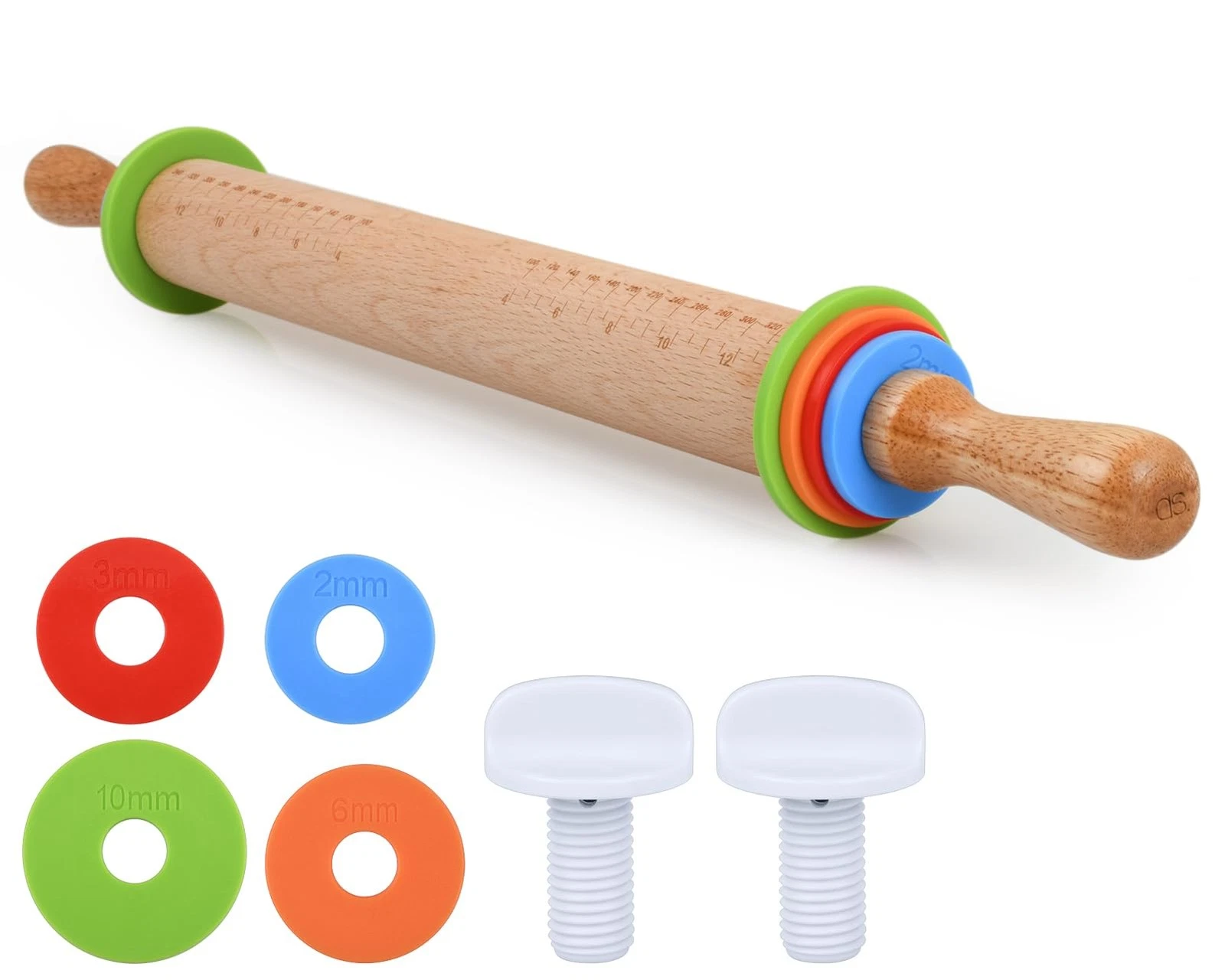 Rolling Pin with 4 Adjustable Thickness Rings and Long Handle 13.6 Inch Woode...