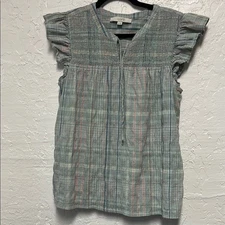 LOFT Mint Green Blue Flutter Sleeve Blouse with Ruffled Tie Smocked Front