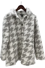 Nina Leonard Women's Collared Faux Sherpa Jacket Greay/White