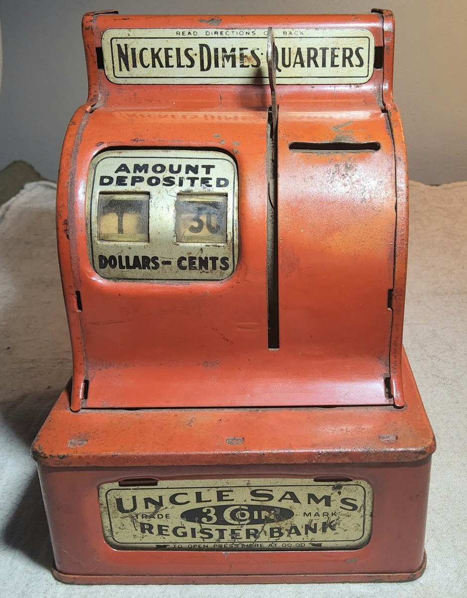 VINTAGE RED COLORED UNCLE SAM'S 3 COIN REGISTER BANK NICKELS-DIMES