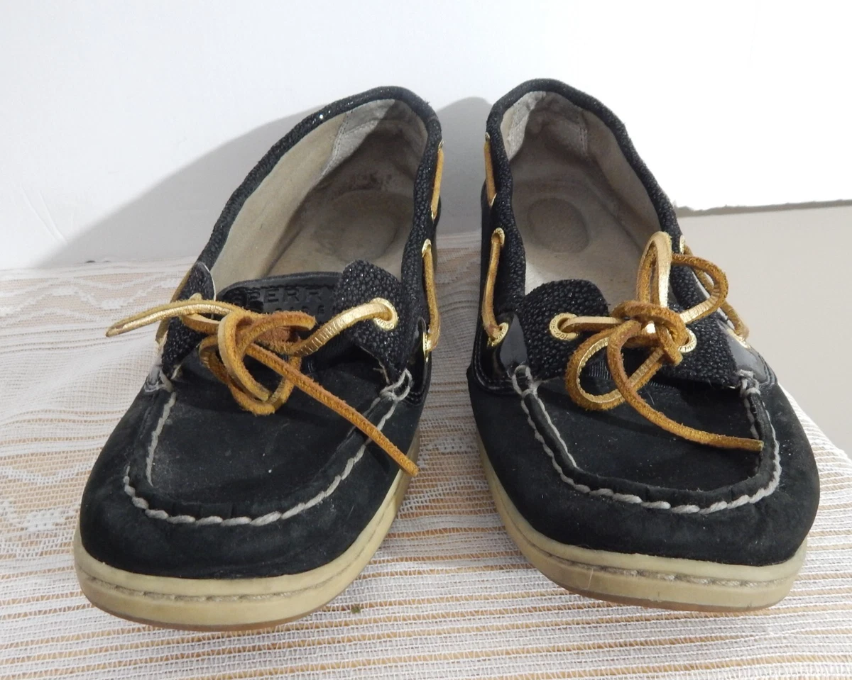 Women s Sperry Top Sider Shoes Slip On Loafers Black Gold Laces eBay