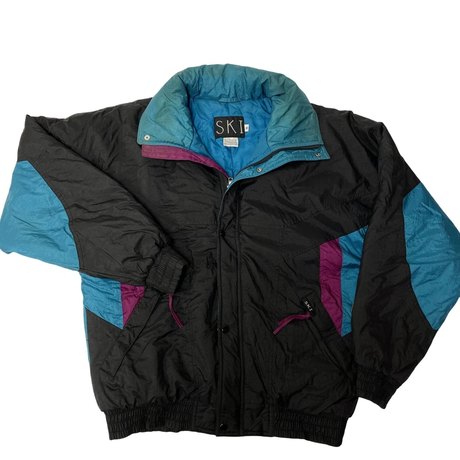 Vtg 80's Thermoloft Black COLOR BLOCK Nylon Puffer SKI Jacket SNOW Skiing Coat M