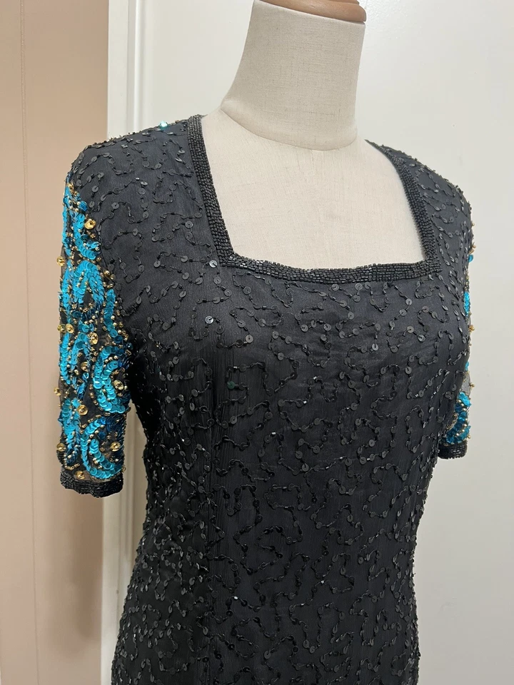 VINTAGE STENAY WOMEN'S BLACK BLUE SHORT SLEEVE SILK SEQUINS SHEATH DRESS 6 - Image 3 of 4