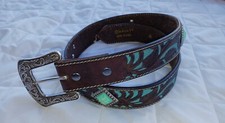 Ariat Leather Belt Unisex Design Sz S Brown Turquoise Inlay W Stones