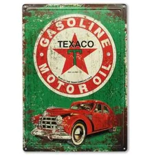 Texaco Gasoline Motor Oil Antique Vintage Style Metal Tin Sign w/ Red Car