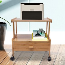 2 Tiers Wood Storage Cart With Wheels Drawer Office Printer Stand Printer Cart