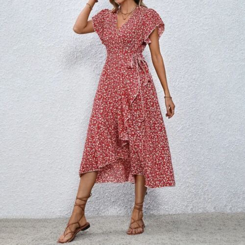 Boho Damen Blumen Sommerkleid Wickelkleid A-Linie Swing Midikleid Freizeitkleid - Bild 15 von 23