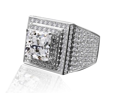 925 Silver Princess Cut Diamond Simulated Diamond Pinky Mens 3d XL Ring