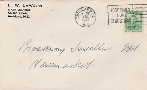 NZ 1941 1d Green KGVI SG 606 'L.W. Lawson' CDS 9 DE 1947