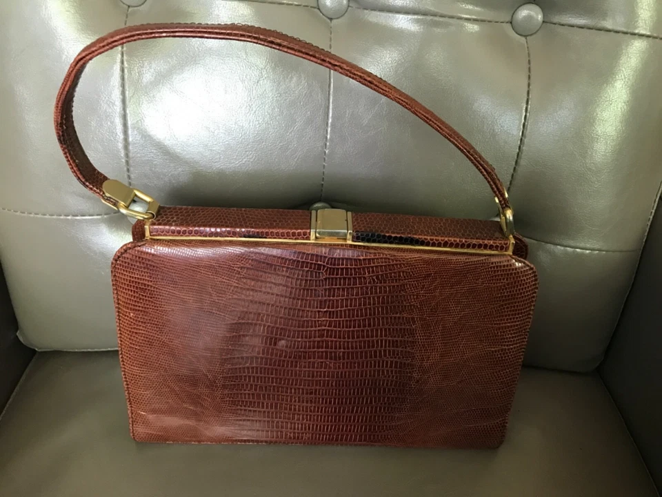 Bolso de Mano Vintage Raro y Hermoso Años 50 Castaño Caimán Cocodrilo Hecho en Argentina Foto 3 de 4