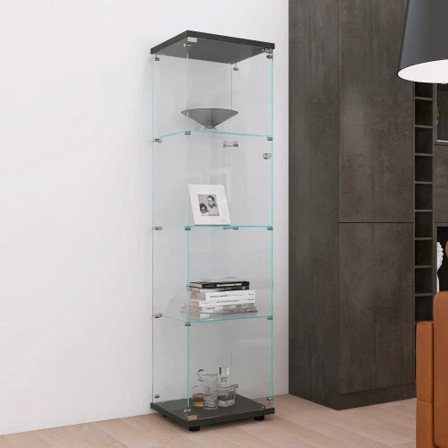 Glass Display Cabinet 4 Shelves with Door,Floor Standing Glass Curio Bookshelf - Изображение 2 из 4