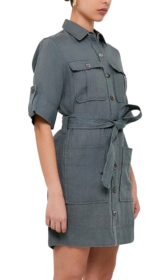 Saba Women's Lila Linen Belted Shirt Dress in Fossil Green Size 6