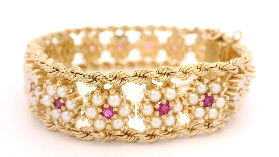 Vintage Solid Yellow Gold Pearl Ruby Cluster Floral Braided Rope Chain Bracelet - Image 3 of 4