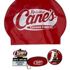 Raising Cane's 4 Piece Swag Bundle - Swim Cap, 2 Keychains, Cane's 3 Button