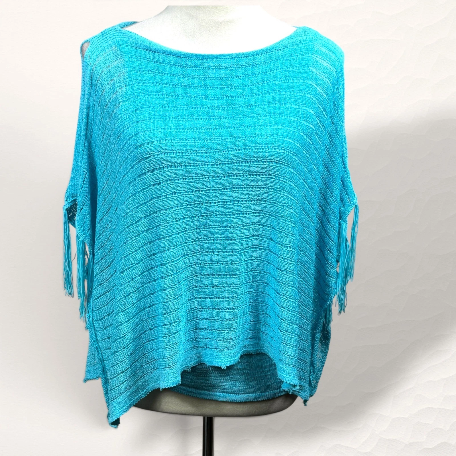 Chico's Poncho Sweater Women S Blue Coastal Boho Knit Fringe