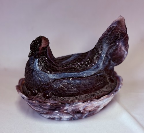 Mosser Amethyst And Milk Glass Hen On A Nest Candy Dish
