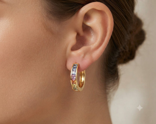 Handmade Rainbow Multi Gemstone 925 Sterling Silver Hoop Earrings,Princess Cut