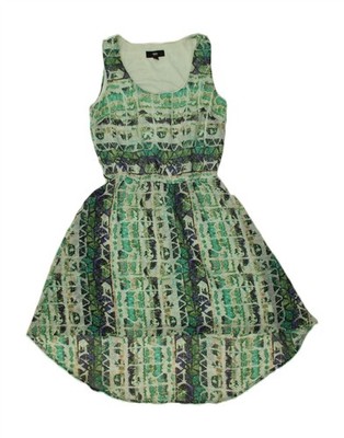 Mossimo Damen ärmelloses Kleid abstraktes Muster A-Linie UK 12 Medium grün AG02