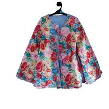 womens quilted jacket multicoloured floral print button up frill trim size mediu