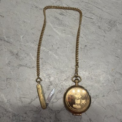 Disney Mickey Mouse Gold Plated Pulsar Quartz Pocket Watch with Chain and Knife