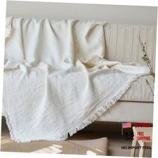 100 Linen Throw Blanket 55x75 inches, Farmhouse Boho Tassel 55"x75" White