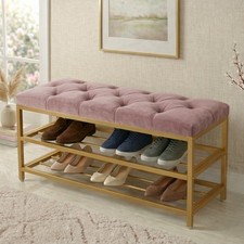 2-Tier Velvet Top Bamboo Gold Metal Shoe Rack Stand Shoe Storage Shelf Hallway